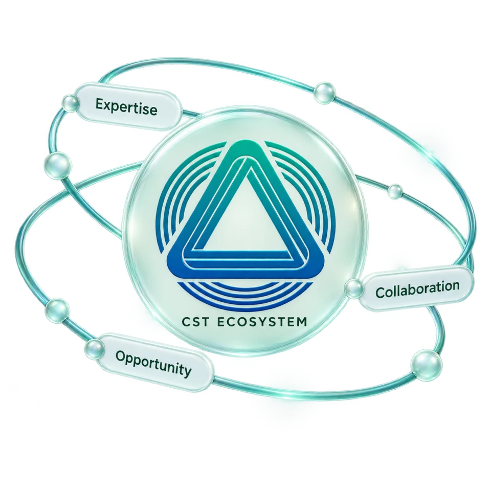 Logo CST Ecosystem dikelilingi orbit dengan label Expertise, Collaboration, dan Opportunity